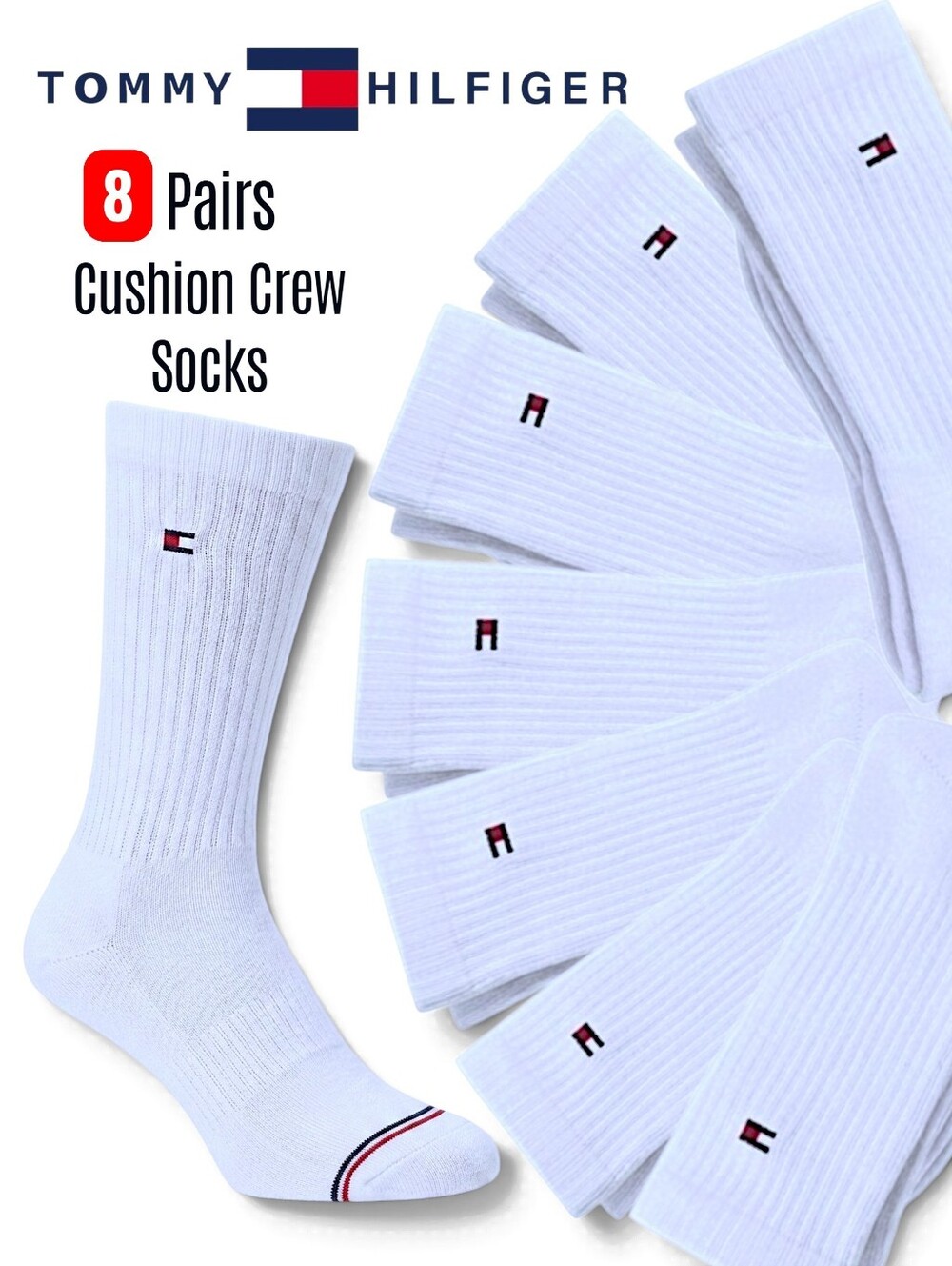 NWT Tommy Hilfigers Men's White Cushion Crew Socks 8-Pairs Sporty/Casual Comfort